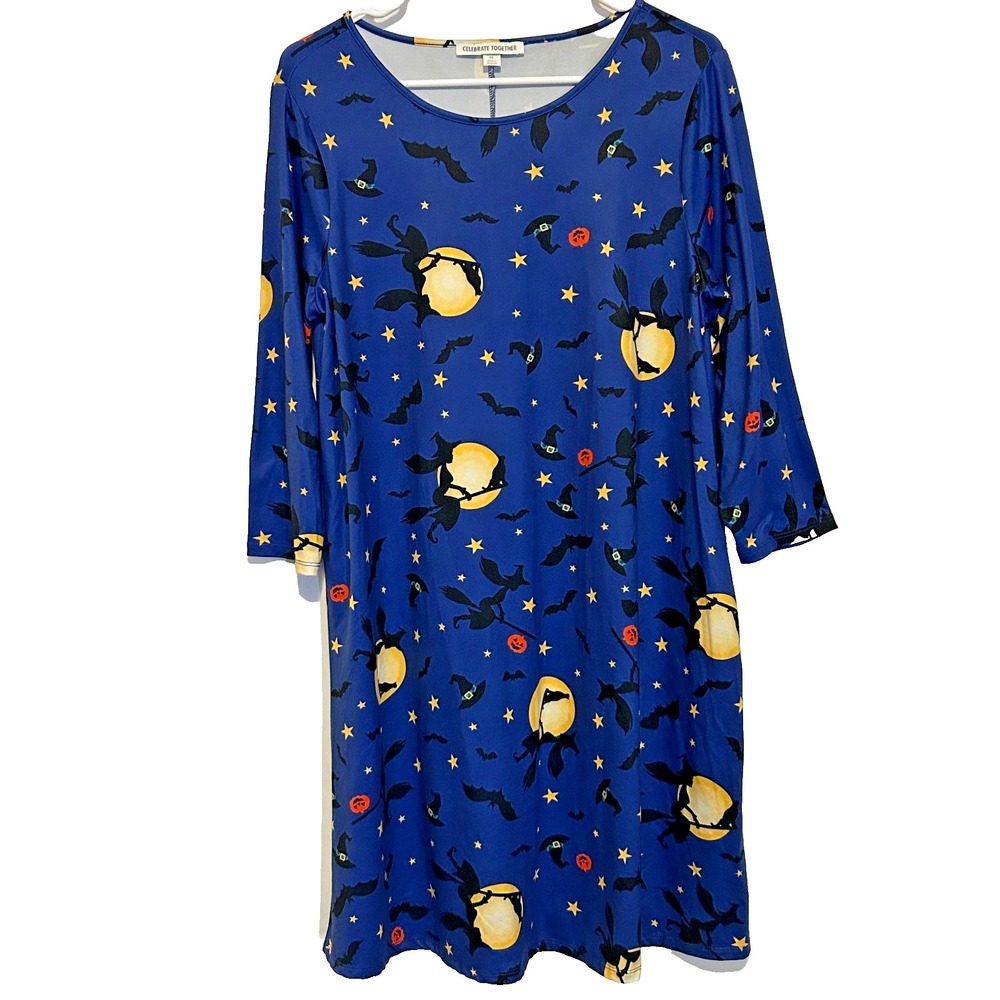 Halloween Dress Witch‎ Bats Moon Women's M Purple Yellow Polka Dot Midi Length